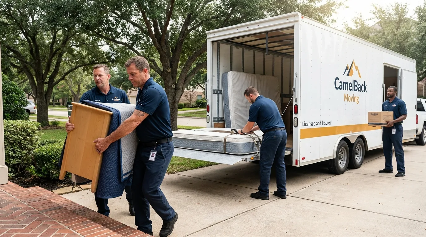 Crew loading residential truck for cross-state move from Crosby, TX