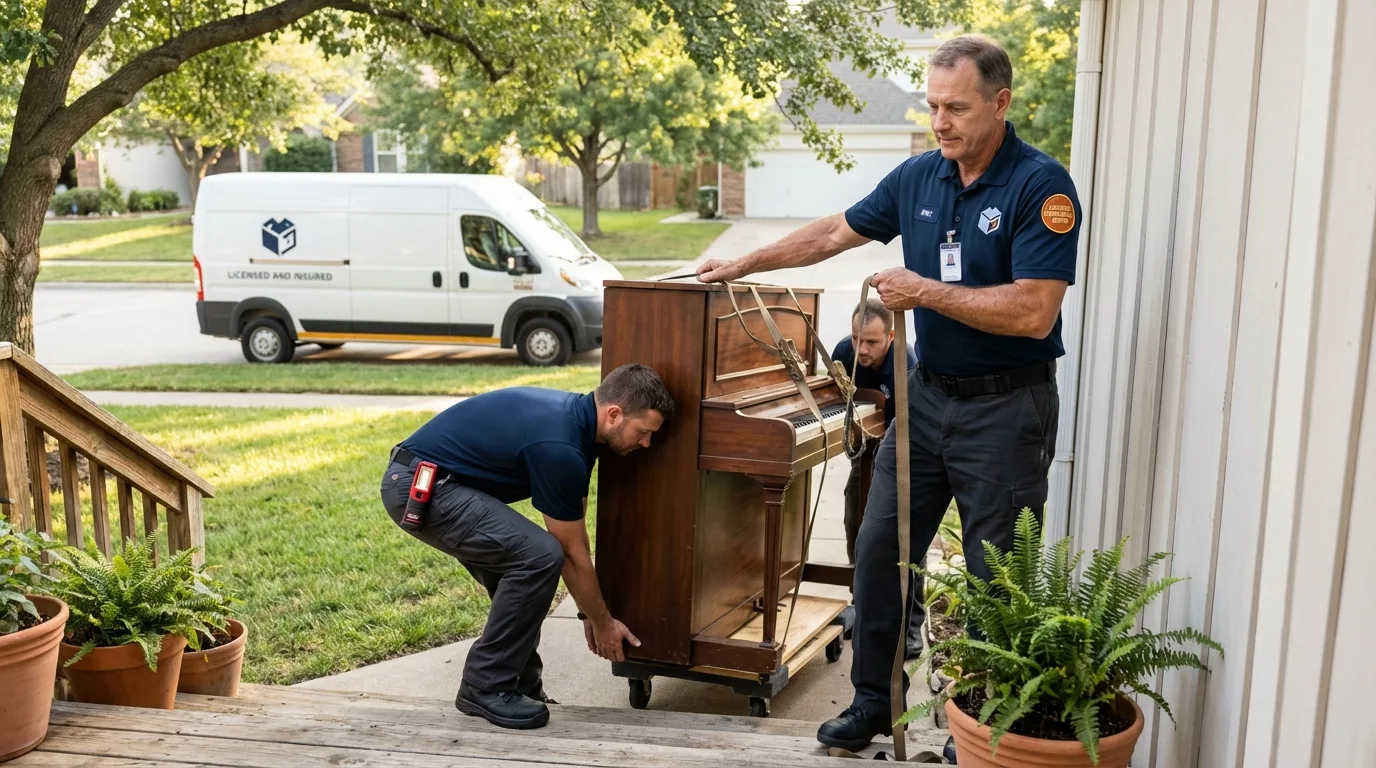 Licensed piano movers securing grand piano in Crosby, TX