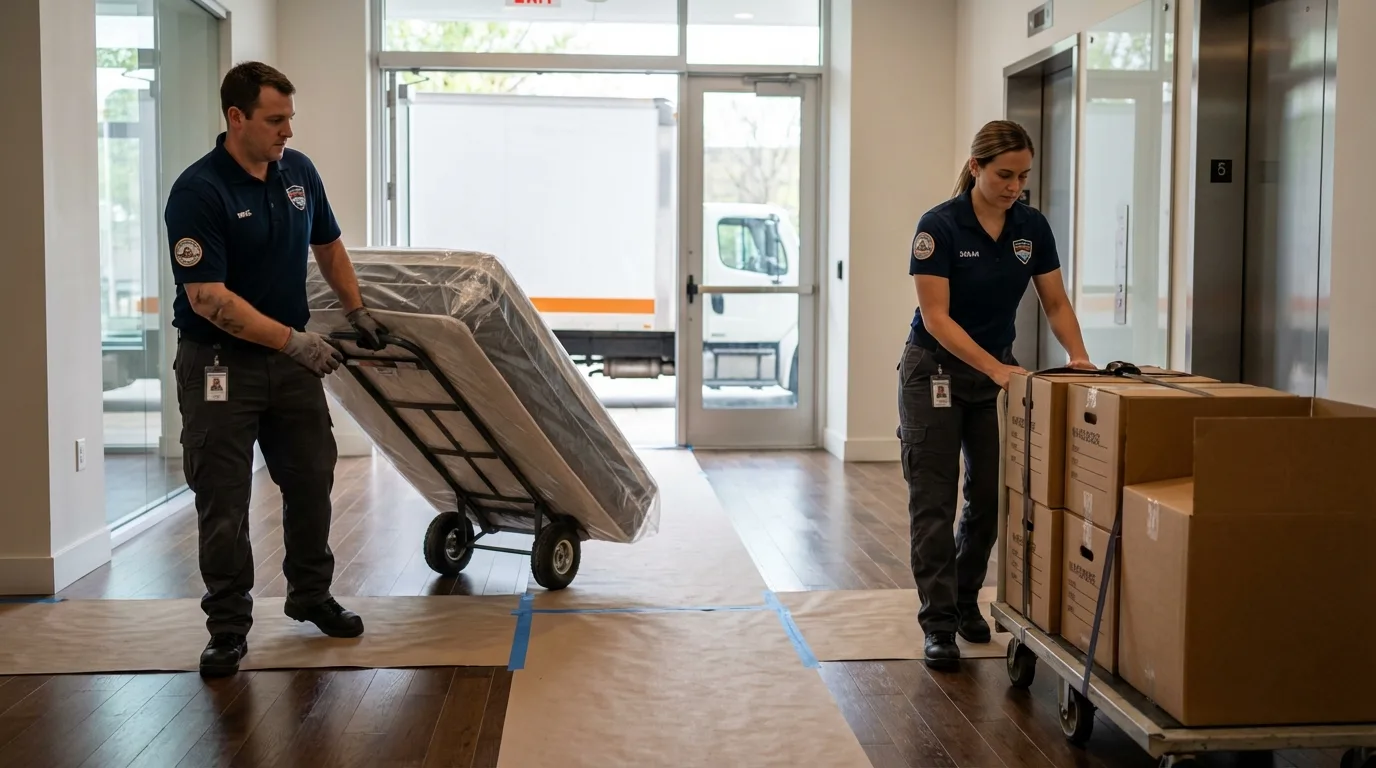 Professional apartment movers loading elevator in Crosby, TX